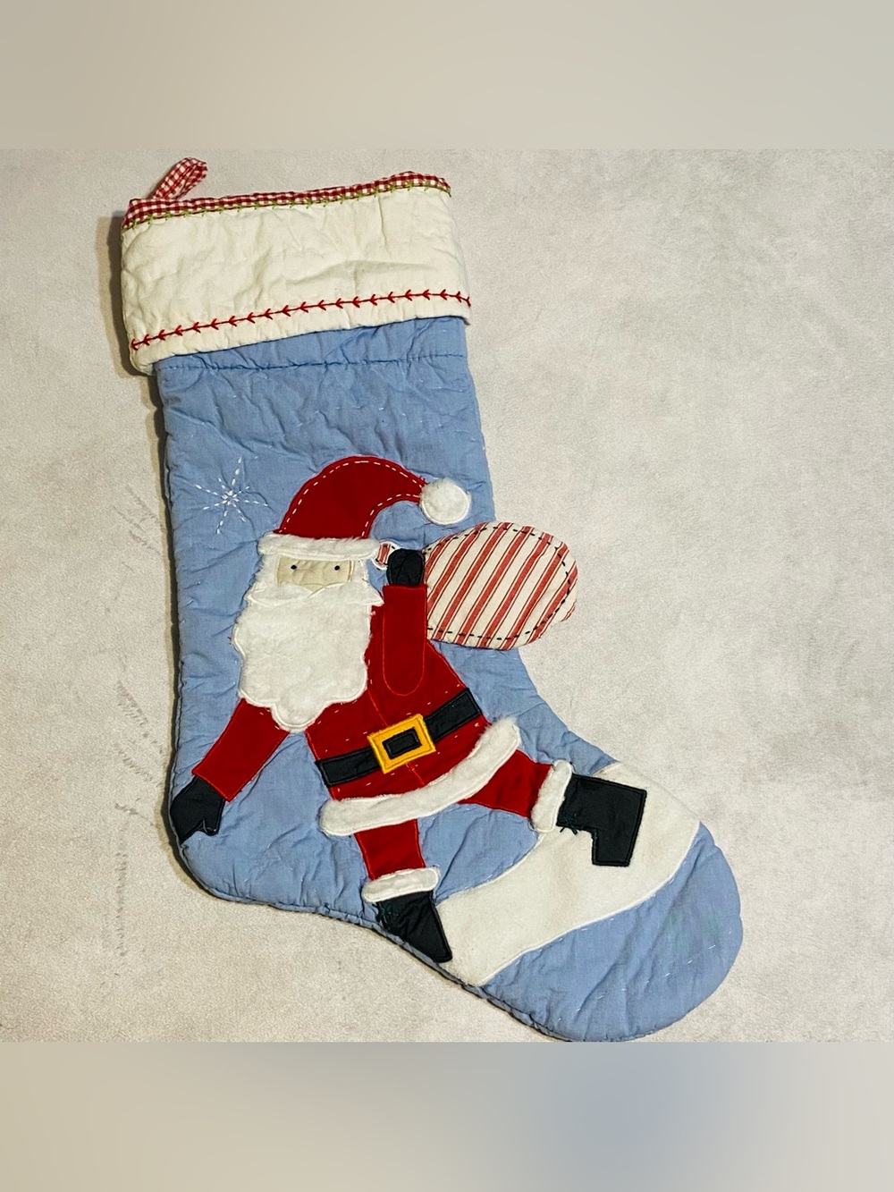 Pottery Barn Kids PBK Light Blue Quilted Christmas Stocking Santa Appliqué Large